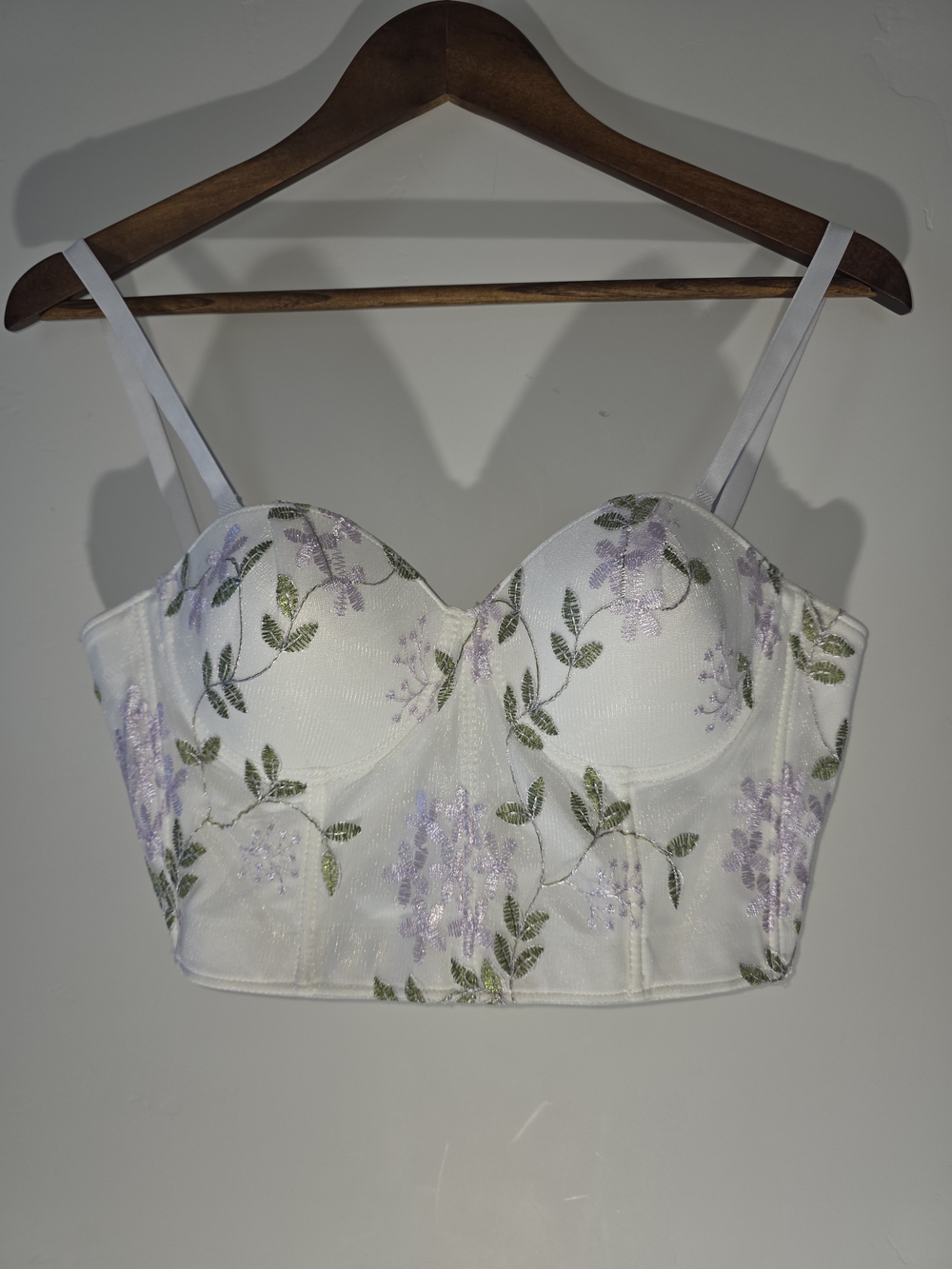 Saba White Bustier Top with Lavender Floral Embroidery